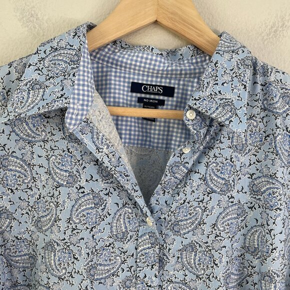 Chaps Womens Plus 1X Blue Paisley No Iron Button Up Shirt 3/4 Sleeve Blouse - Picture 9 of 11